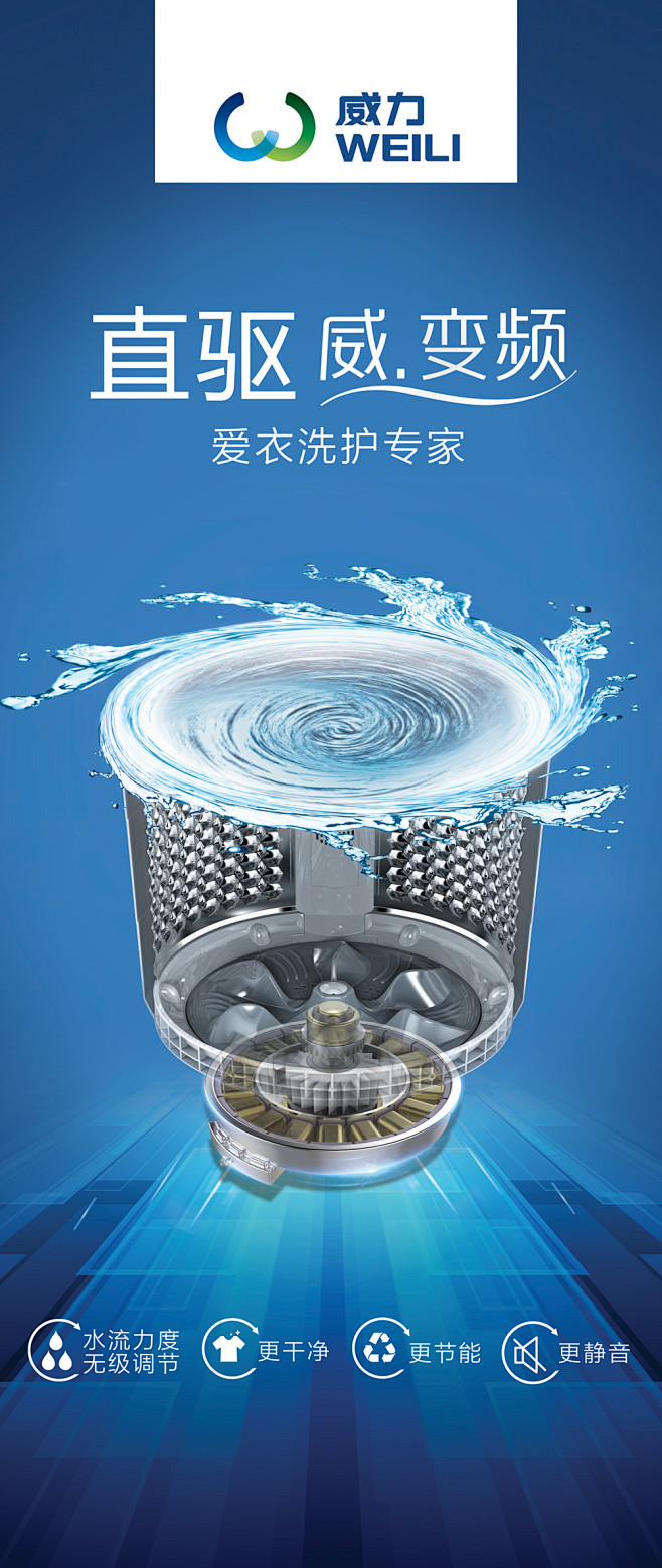 全芯動(dòng)力 潔凈無界——威力洗衣機(jī)直驅(qū)變頻波輪洗衣機(jī)包柱海報(bào)設(shè)計(jì)